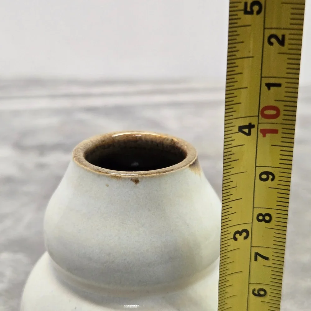 Studio Pottery Double Gourd Bud Vase Signed 2010 Off-White Brown Rim 4 Inch